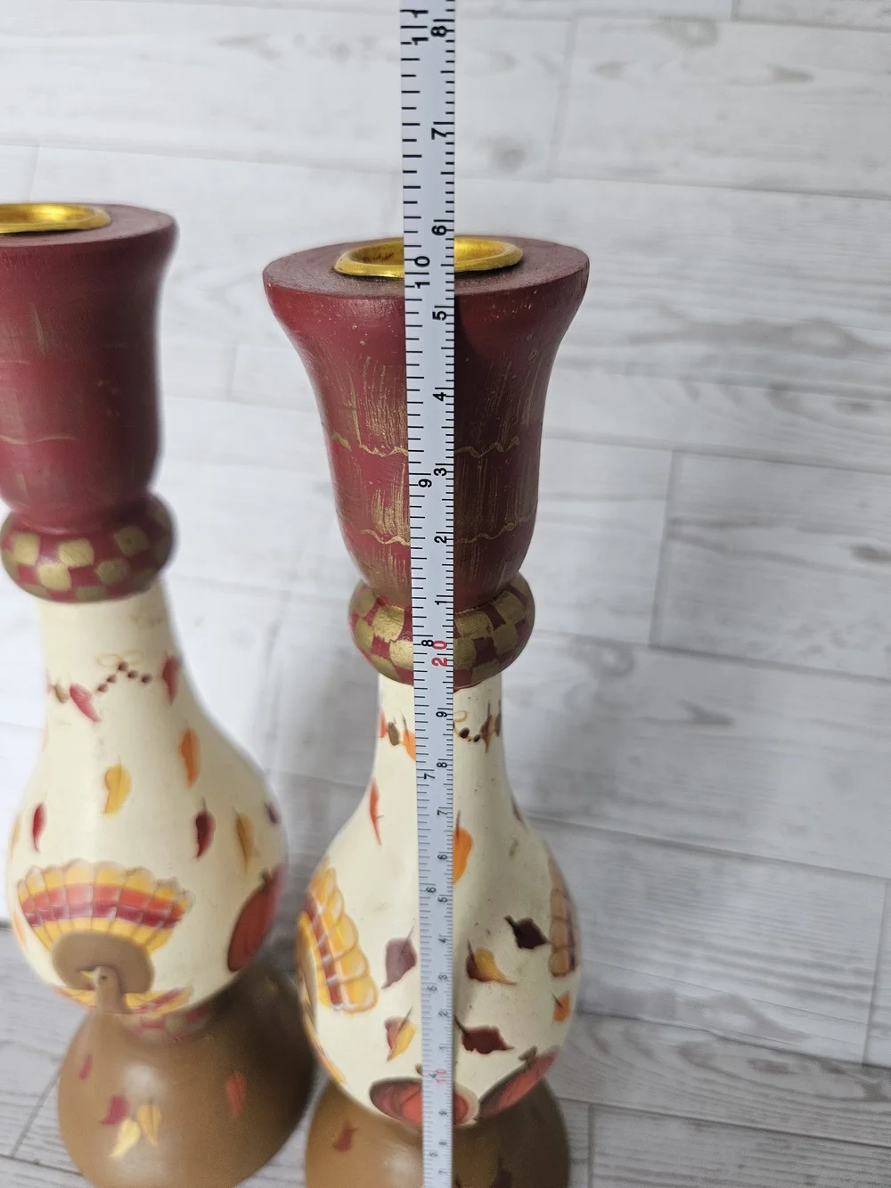 VTG Kathy Hatch NCE Thanksgiving Turkey Wooden Taper Candle Holders Pair (2)